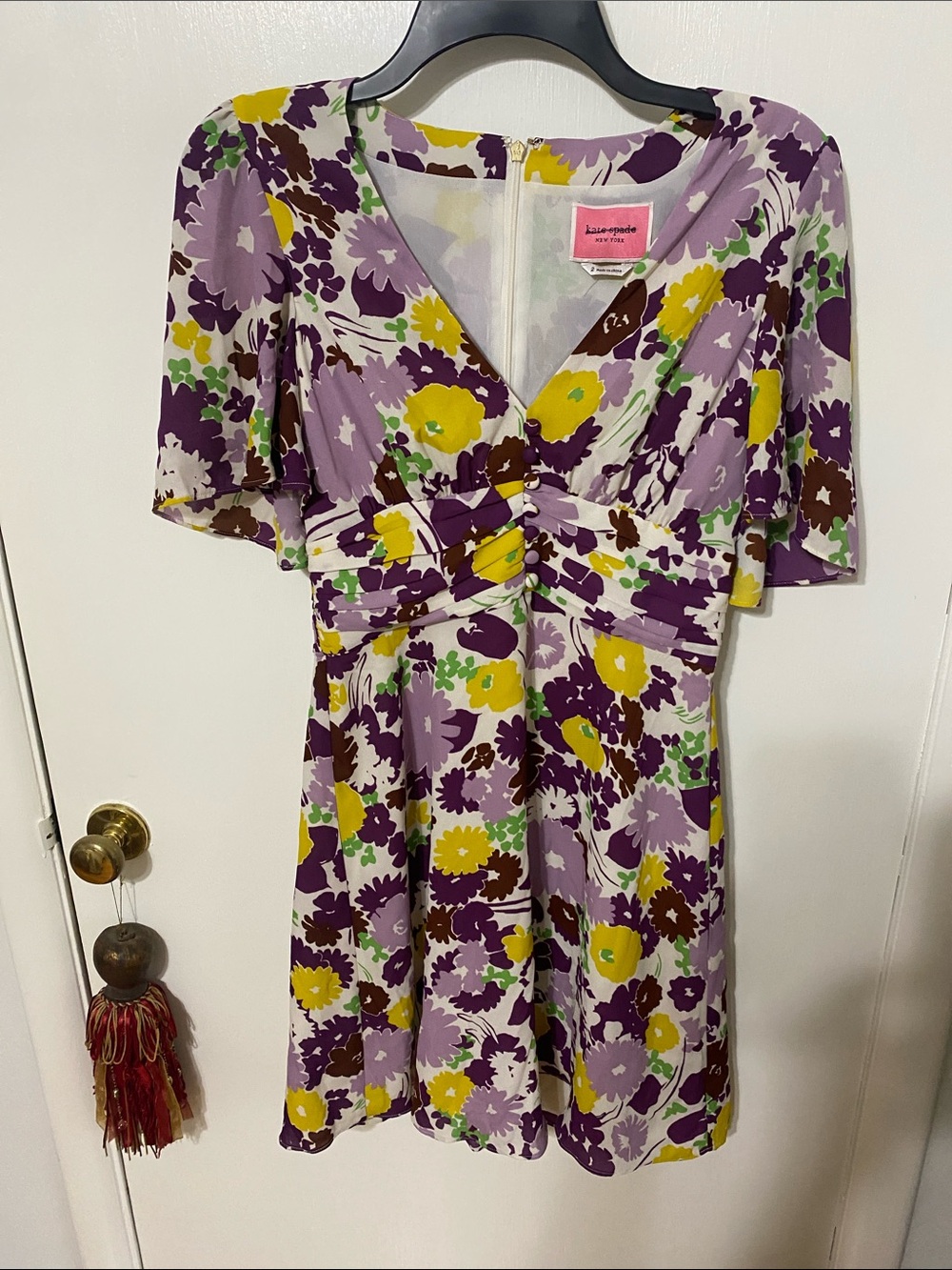 kate spade Purple, Yellow & Green Floral V-Neck Mini Dress